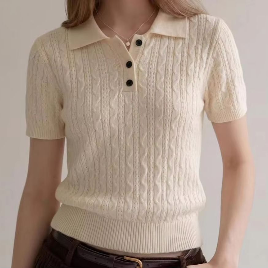 Women Fashion Styles - Camiseta Polo de Punto Trenzado Estilo