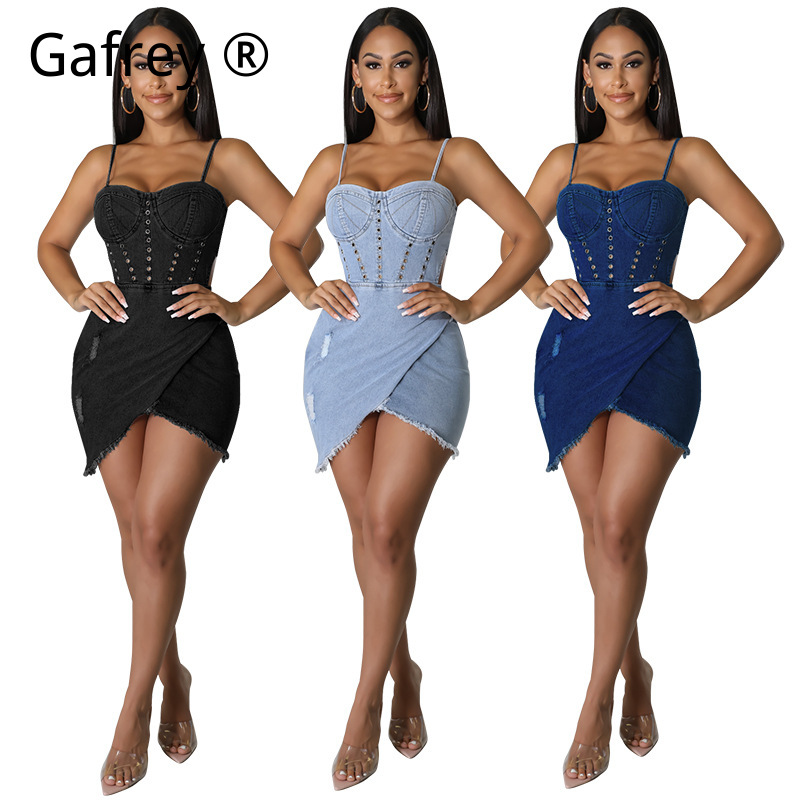 Ruched Dress Mini - Vestido vaquero sexy sin mangas de