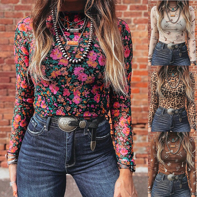 Women Fashion Styles - Camiseta de malla de cuello alto